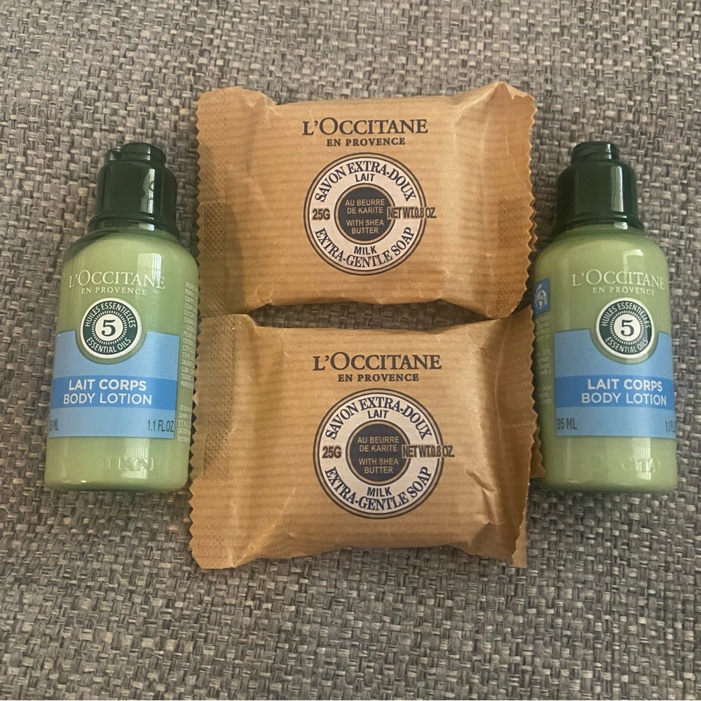 L’OCCITANE 2 Extra Gentle Milk Soap Bars & 2 Body Lotions Travel Size Mini - New